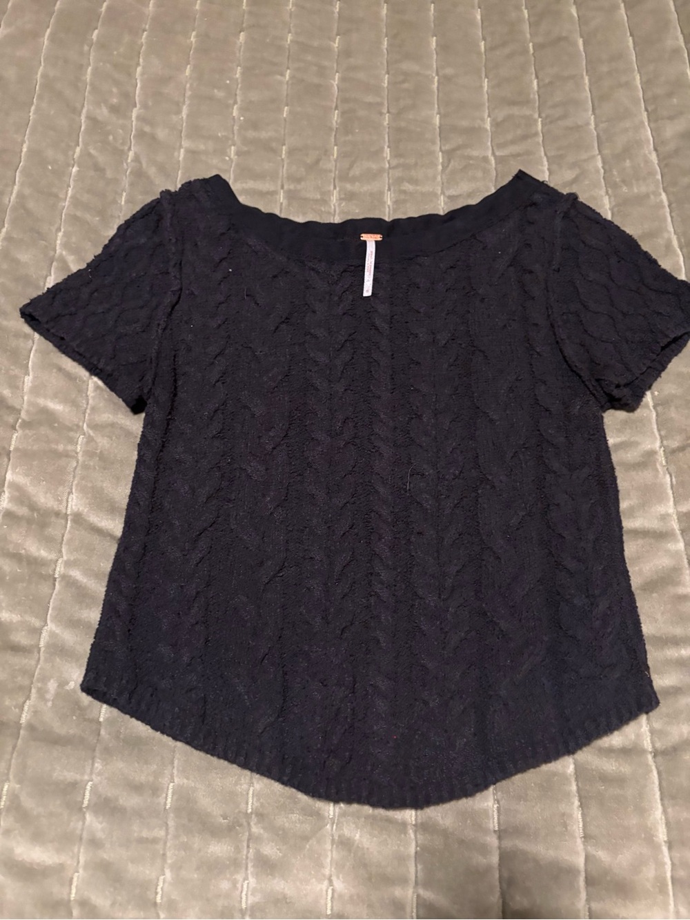Free People Black Cable-Knit Short Sleeve Sweater